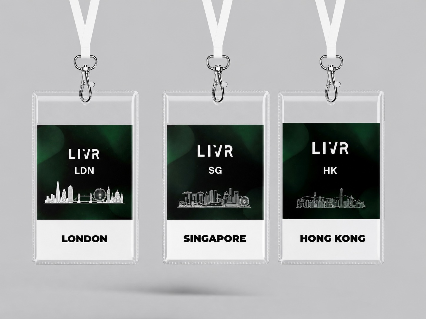 LIVR office badges: London, Singapore, Hong Kong